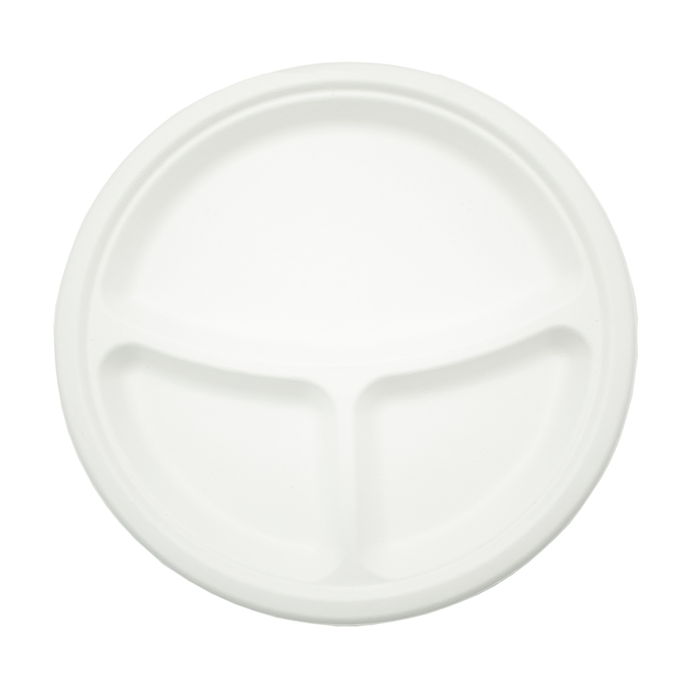 Тарелка круглая одноразовая белая 3-х секционная из сахарного тростника 254x25.4 мм d254мм по 125 шт/уп (500 шт/кор)