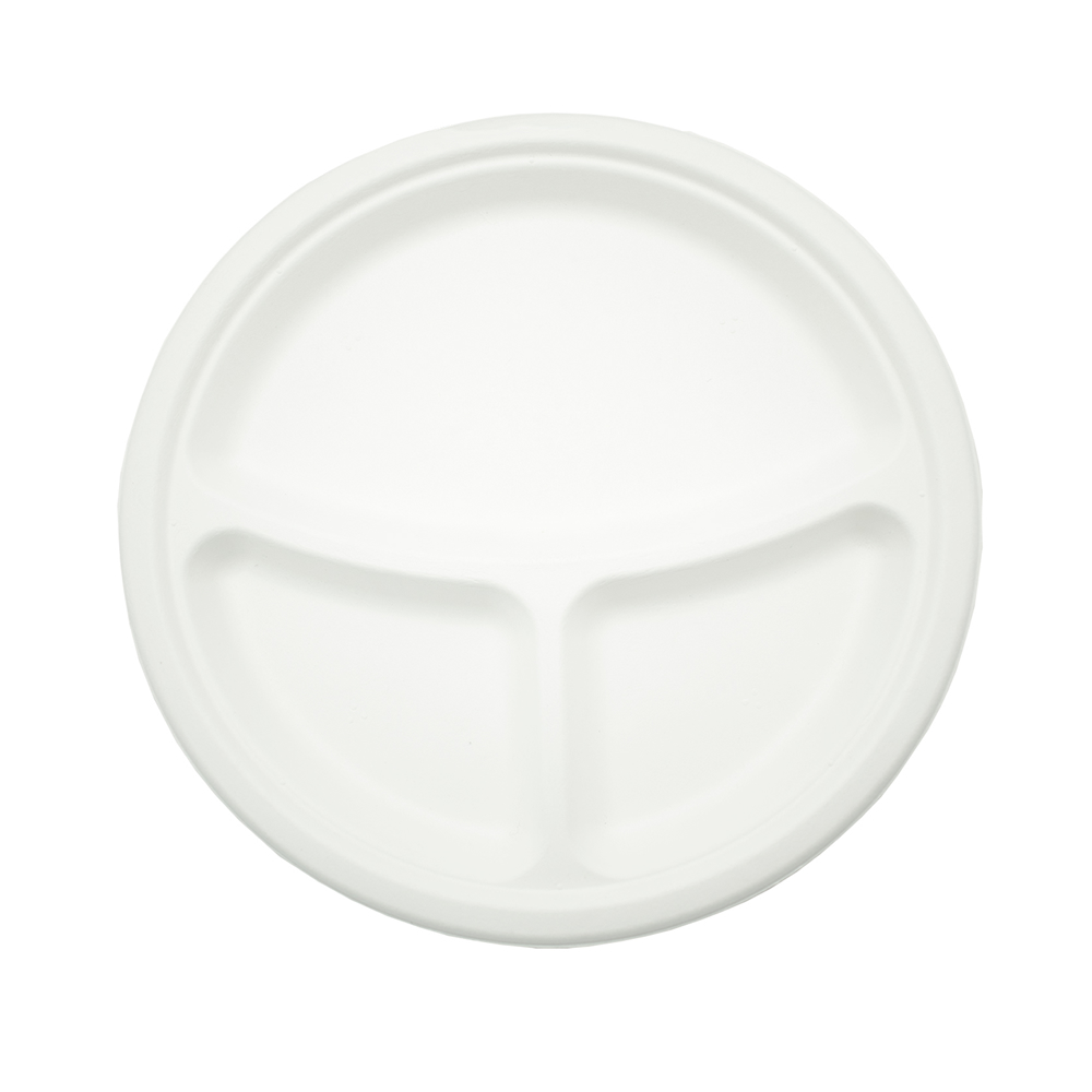 Тарелка круглая одноразовая белая 3-х секционная из сахарного тростника 225×20 мм d225мм по 125 шт/уп (500 шт/кор)