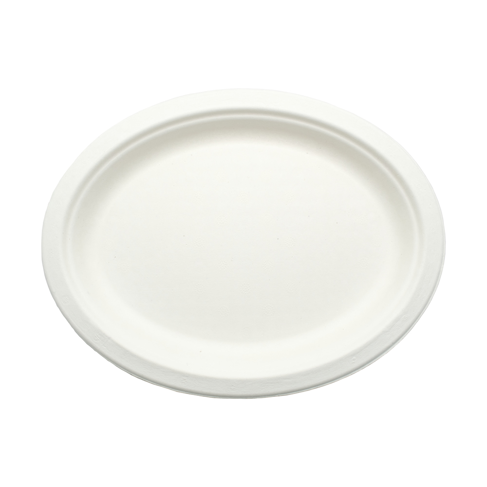 Тарелка овальная одноразовая белая из сахарного тростника 260х200х15 мм по 50 шт/уп (500 шт/кор)