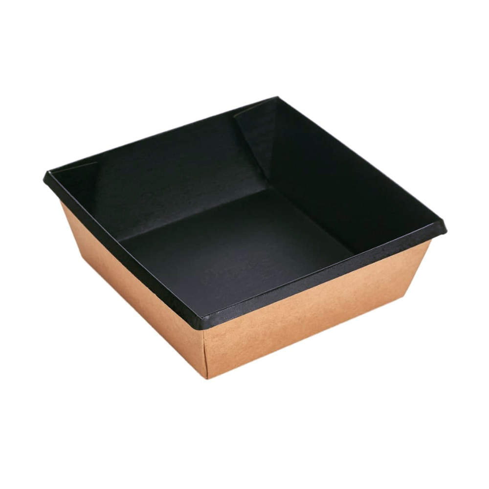 Контейнер для еды бумажный квадратный 550мл крафт/чёрный с прозрачной плоской крышкой 130х130х45мм по 50 шт/уп (200 шт/кор) — изображение 4