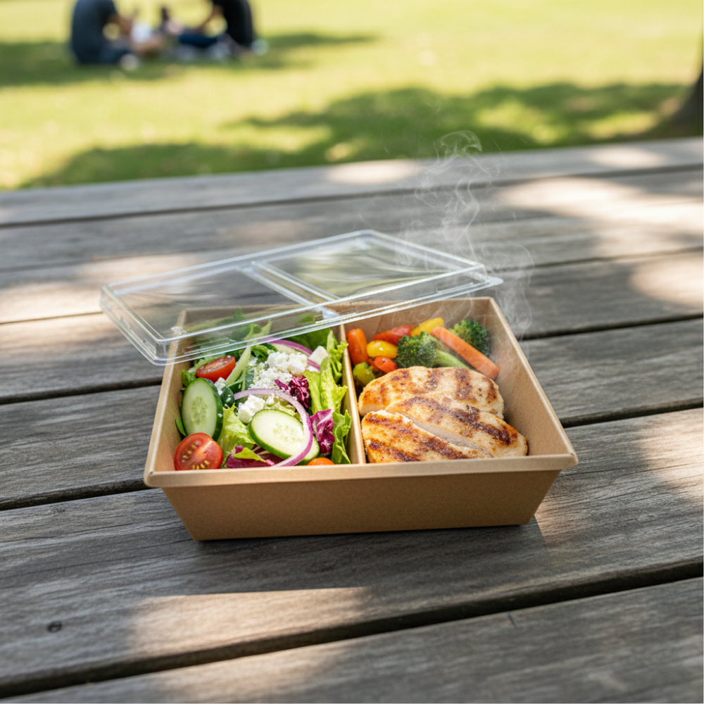 Контейнер для еды бумажный 2-х секционный прямоугольный 1200мл полный крафт с прозрачной плоской крышкой 190х200х55мм по 20 шт/уп (80 шт/кор)