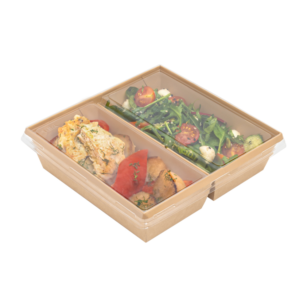 Контейнер для еды бумажный 2-х секционный прямоугольный 1200мл полный крафт с прозрачной плоской крышкой 190х200х55мм по 20 шт/уп (80 шт/кор) — изображение 7