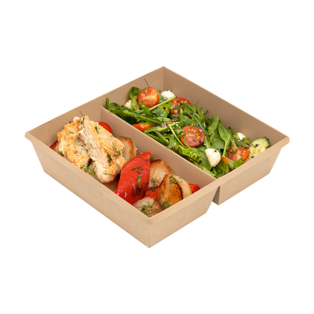 Контейнер для еды бумажный 2-х секционный прямоугольный 1200мл полный крафт с прозрачной плоской крышкой 190х200х55мм по 20 шт/уп (80 шт/кор) — изображение 6