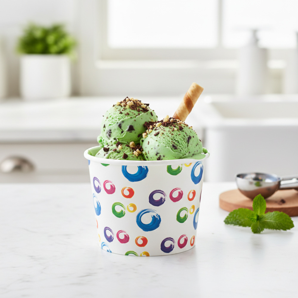 Креманка круглая 395мл d100мм 100х72мм белая с цветным рисунком бумажная ламинированная по 38 шт/уп (912 шт/кор)