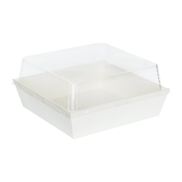 Контейнер для еды квадратный 750мл 150x150x80мм белый бумажный ламинированный с прозрачной купольной крышкой по 300 шт/кор