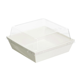 Контейнер для еды квадратный 450мл 120/100×120/100×35/65мм белый бумажный ламинированный с прозрачной купольной крышкой по 50 шт/уп (600 шт/кор)