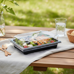 Контейнер для еды прямоугольный 183х134х45мм чёрный пластиковый с прозрачной купольной крышкой по 420 шт/кор