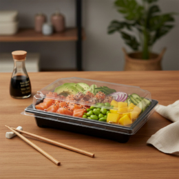 Контейнер для еды прямоугольный 183х134х45мм чёрный пластиковый с прозрачной купольной крышкой по 20 шт/уп