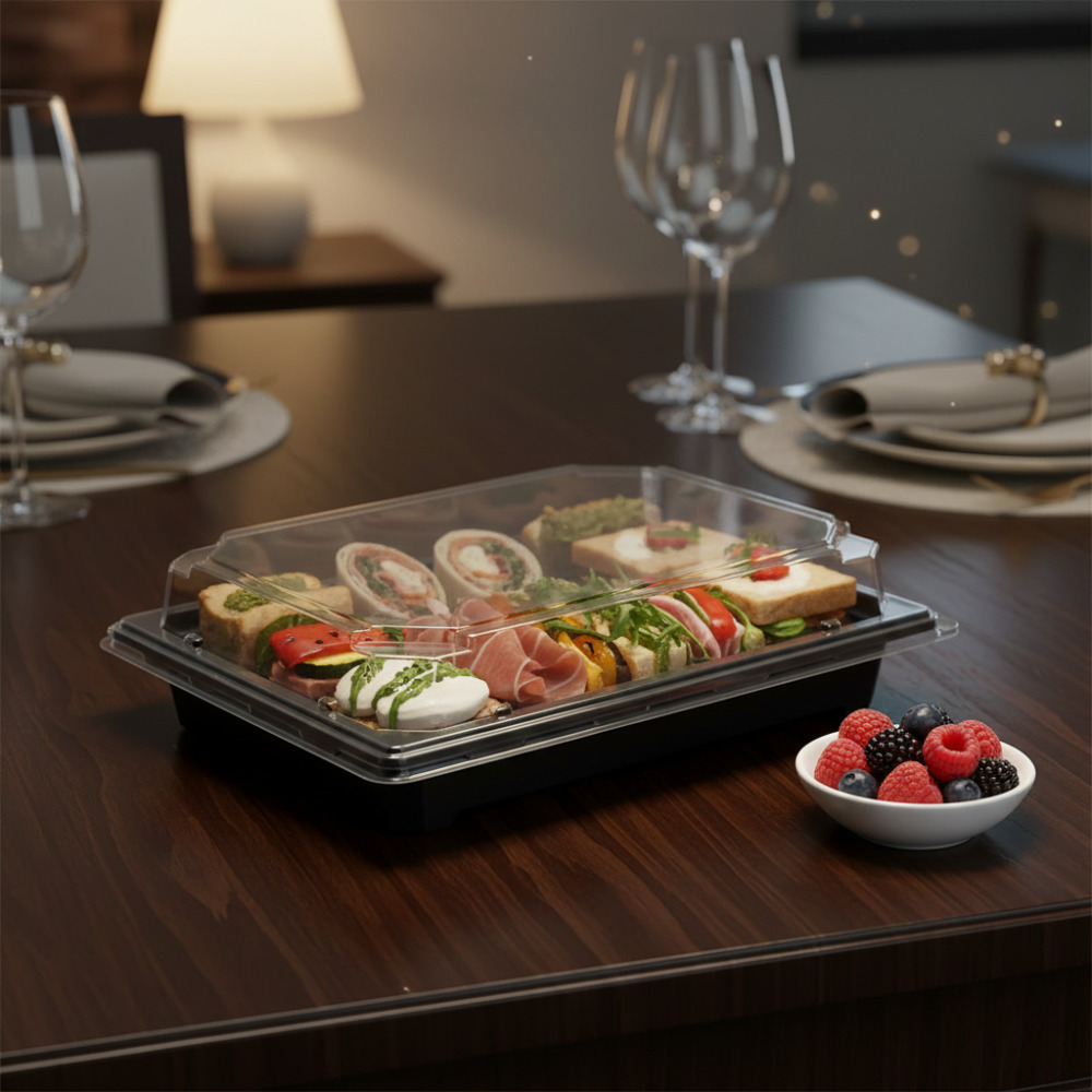 Контейнер для еды прямоугольный 216х144х45мм чёрный пластиковый с прозрачной купольной крышкой по 20 шт/уп — изображение 3