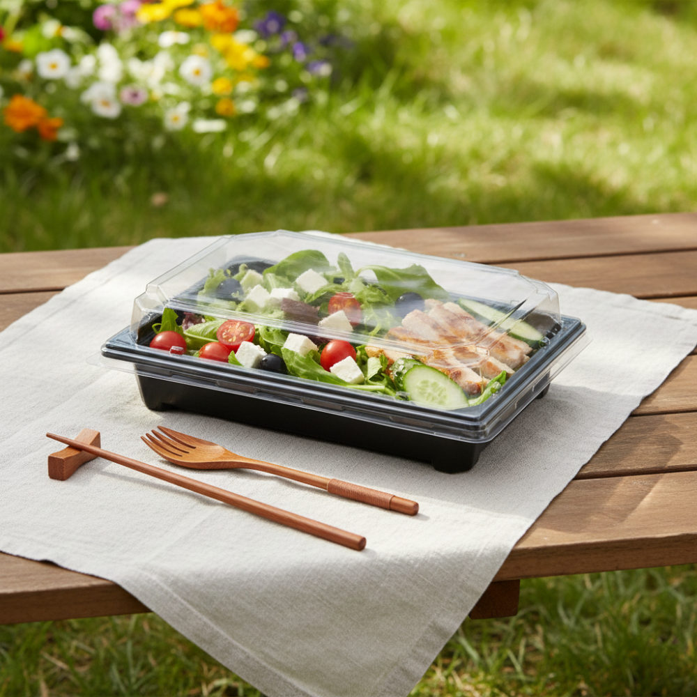 Контейнер для еды прямоугольный 216х144х45мм чёрный пластиковый с прозрачной купольной крышкой по 20 шт/уп — изображение 4