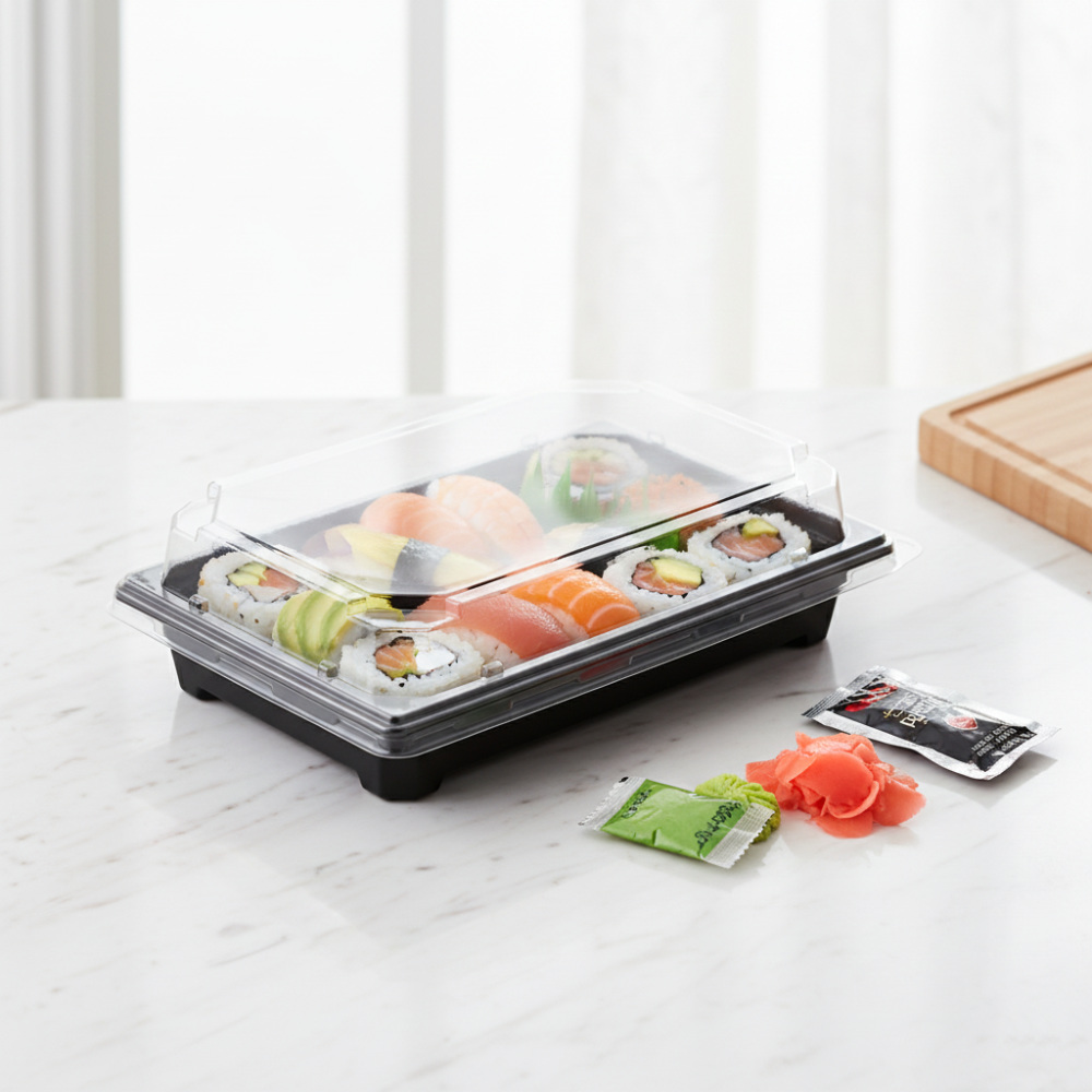 Контейнер для еды прямоугольный 216х144х45мм чёрный пластиковый с прозрачной купольной крышкой по 20 шт/уп