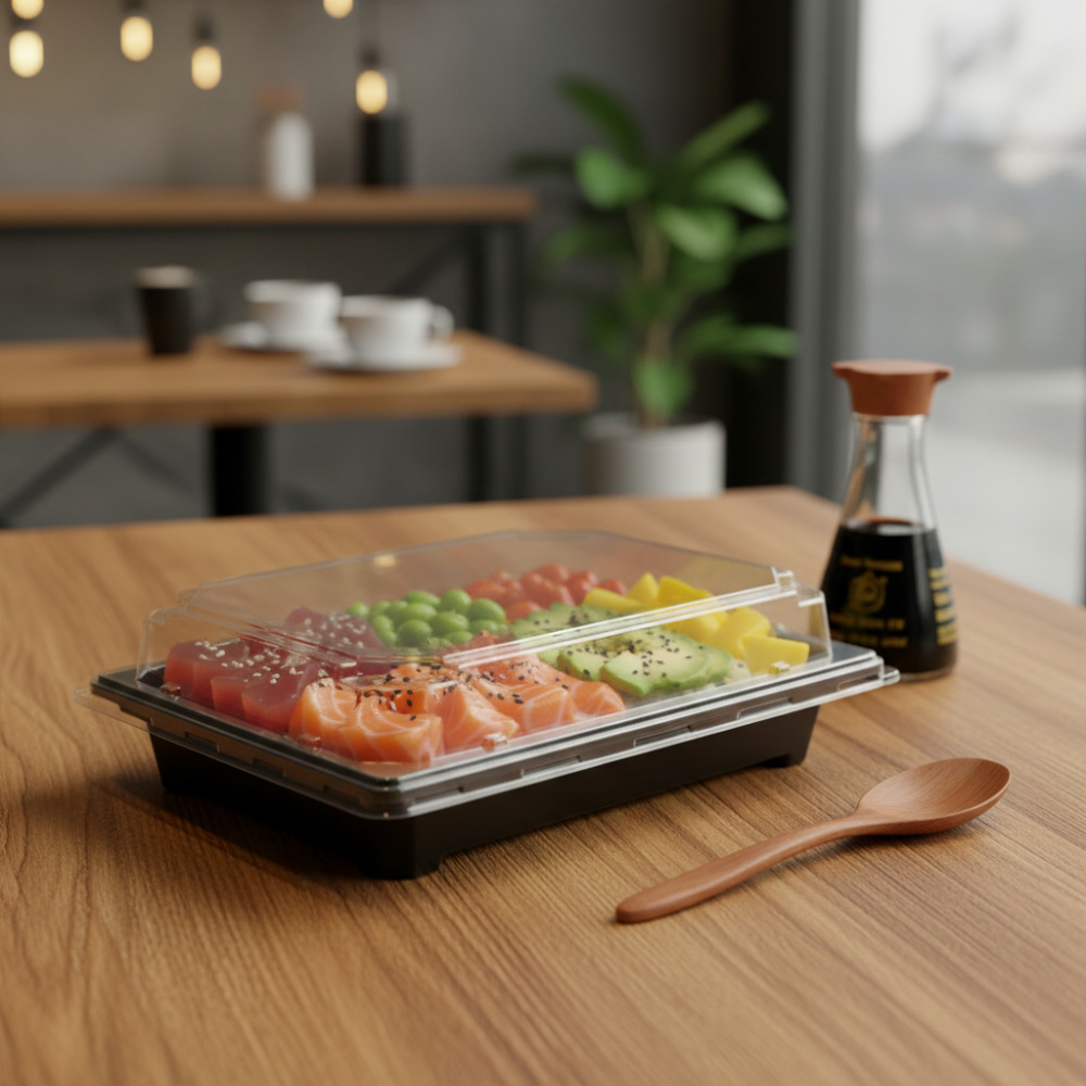 Контейнер для еды прямоугольный 216х144х45мм чёрный пластиковый с прозрачной купольной крышкой по 20 шт/уп — изображение 2