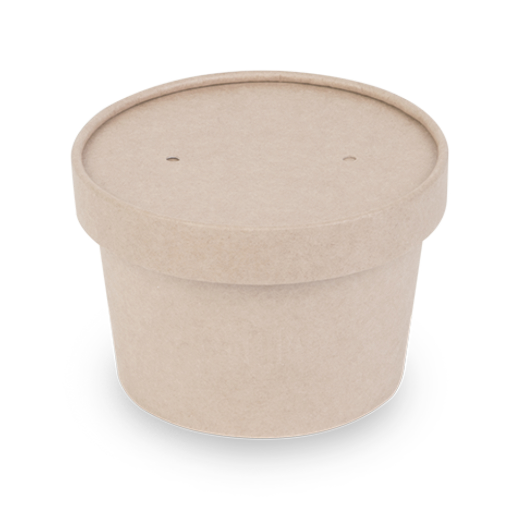 Супница бумажная круглая 275/250мл крафт/белая с бумажной плоской крышкой d100мм 100/79×65мм по 30 шт/уп (600 шт/кор)