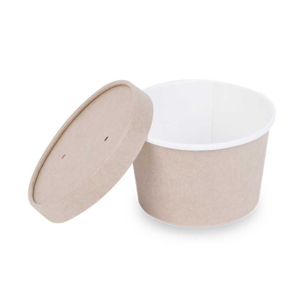Супница бумажная круглая 275/250мл крафт/белая с бумажной плоской крышкой d100мм 100/79×65мм по 30 шт/уп (600 шт/кор) — изображение 3