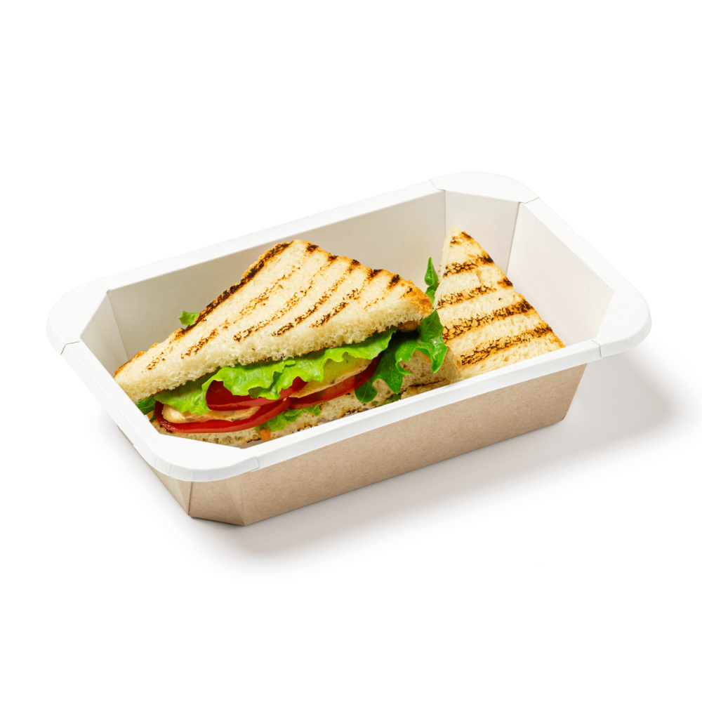 Контейнер для еды прямоугольный 500мл 187/140х147/100х56мм крафт/белый бумажный ламинированный с прозрачной плоской крышкой по 70 шт/уп (560 шт/кор) — изображение 4