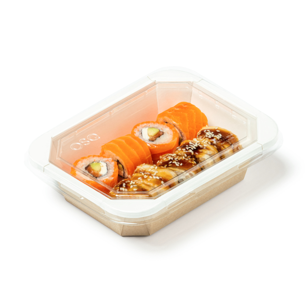 Контейнер для еды прямоугольный 500мл 187/140х147/100х56мм крафт/белый бумажный ламинированный с прозрачной плоской крышкой по 70 шт/уп (560 шт/кор)