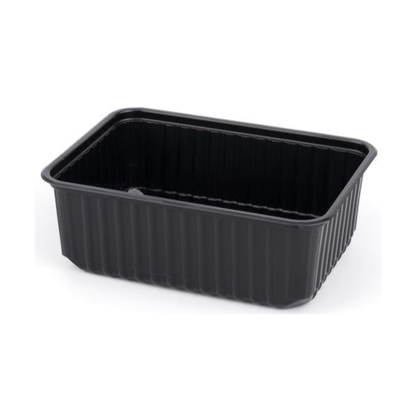 Контейнер для еды прямоугольный 1000мл 186х132х64мм чёрный пластиковый с рёбрами жёсткости и прозрачной плоской крышкой по 100 шт/уп (500 шт/кор)