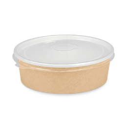 Контейнер для еды круглый 410мл d150мм 150/132×46мм крафт/белый бумажный ламинированный с прозрачной плоской крышкой по 45 шт/уп (270 шт/кор)