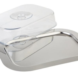 Поднос для подачи 42×31см с пластиковой крышкой прямоугольный металлический по 1 шт/уп